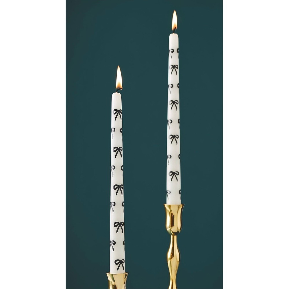 Anthropologie Hand Painted Bow Taper Candles Set of 2 White Black 12 Inch NEW